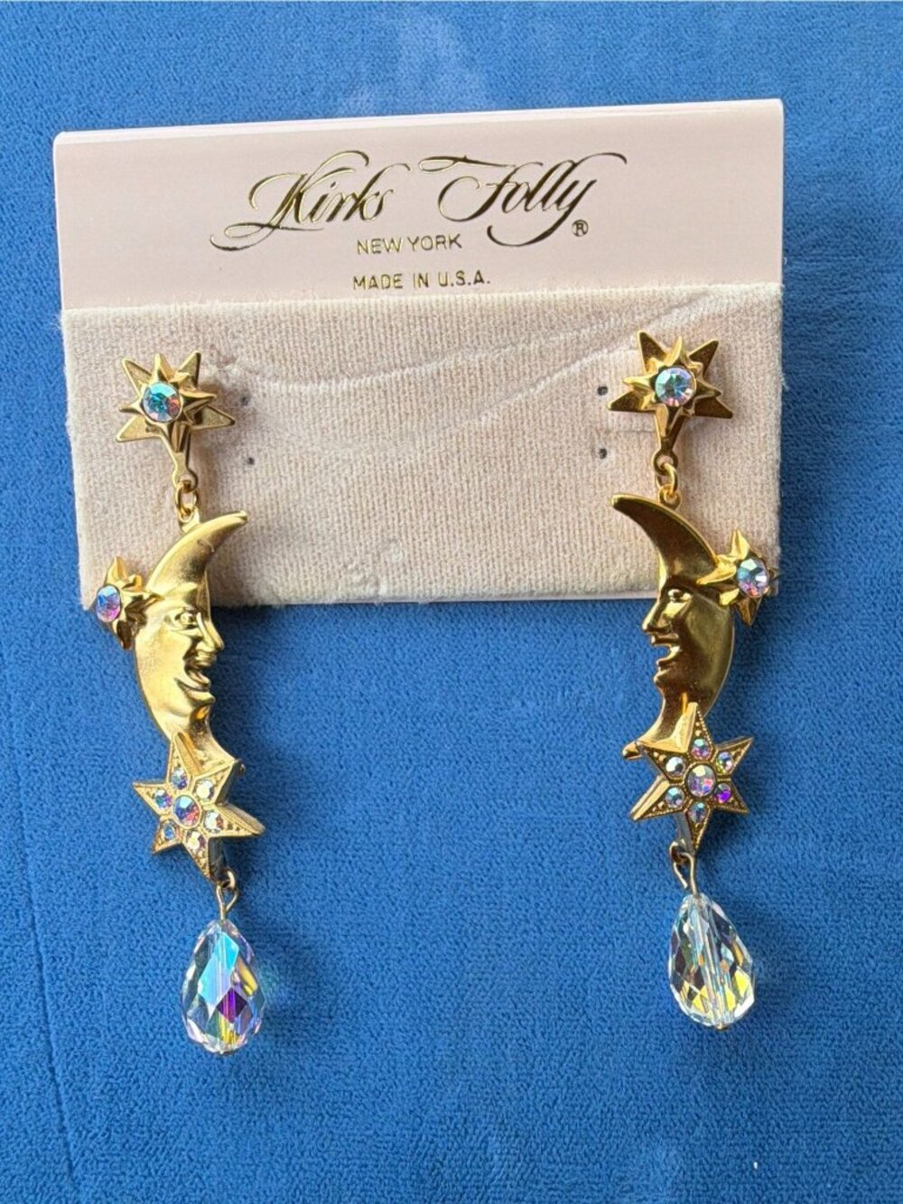 Vintage Kirks Folly Man in the Moon Celestial Dangle Drop Earrings AB Rhinestone